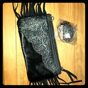 NEW Genuine Black Leather Shoulder Bag W/ Fringe